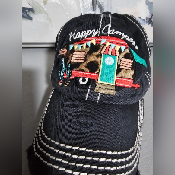 Distressed 1st Edition Black HAPPY CAMPER Adjustable Cap/Hat - Picture 3 of 8